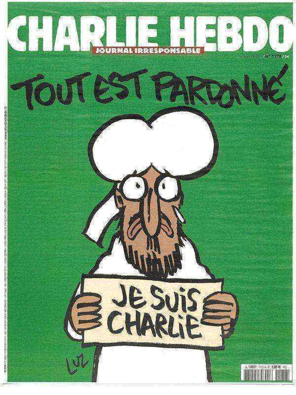 Capa da revista Charlie Hebdo desta quarta-feira (14/1). O título diz: 'Tudo está perdoado'. No cartum, o profeta Maomé, com uma lágrima nos olhos, segura placa com os dizeres 'Je suis Charlie'
