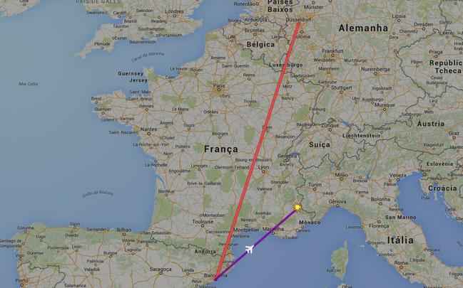 Mapa mostra local provável da queda: avião seguia da Espanha para a Alemanha, mas os destroços foram vistos nos alpes franceses