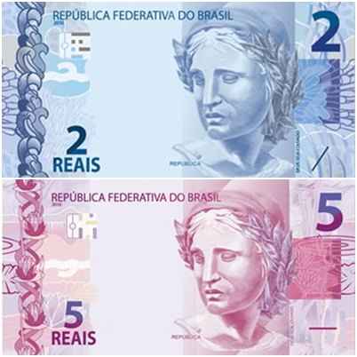 Possíveis modelos para as notas de R$ 2 e R$ 5  (Banco Central/Divulgação/Internet)