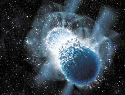 Ilustração reproduz a colisão entre duas estrelas de nêutrons captada pelos equipamentos da Nasa: evento ocorrido a 3,9 bilhões de anos-luz da Terra (Dana Berry/SkyWorks Digital)