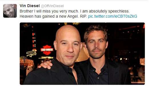 Vin Diesel disse, pelo Twitter, que sentirá muito a falta do amigo (Reprodução/Twitter)