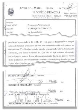 Cópia do testamento registrado no 19º Ofício de Notas do Rio (Reprodução)