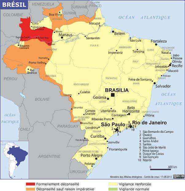 Mapa do Brasil mostra os locais que turistas devem evitar. Em vermelho - Oficialmente desaconselhado. Laranja - Aconselhado apenas em razões de necessidade. Amarelo - Vigilância reforçada. Verde - Vigilância normal  (France Diplomatie/ Divulgação  )