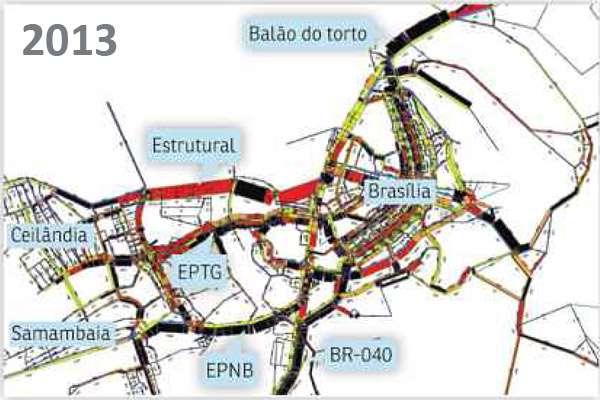 Simulação de imagens mostra que o trânsito de Brasília vai parar em 2020 (A situação atual tem problemas entre o Balão do Torto e o do Colorado; no percurso de Santa Maria até a EPGU; na EPNB; e no Viaduto Israel Pinheiro (cruzamento de Taguatinga, Águas Claras e Vicente Pires))