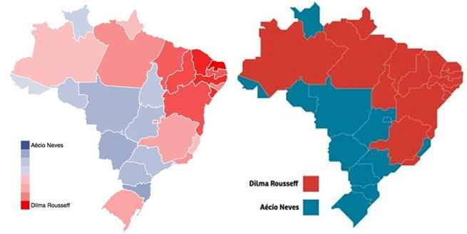 À esquerda, o mapa que revela os candidatos mais citados por estado. À direita, os candidatos que venceram nas urnas em cada local. (Agência Ideal/ Reprodução)