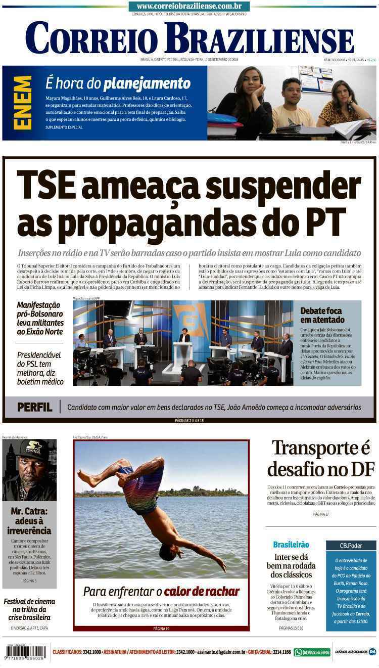 Confira A Capa Do Jornal Correio Braziliense Do Dia 10 09 2018