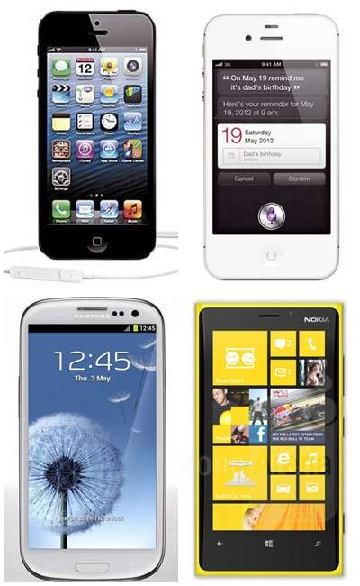 Por ordem, da esquerda para a direita, de cima para baixo: o iPhone 5; o antecessor, o iPhone 4S; o Samsung Galaxy SIII; e o Nokia Lumia 920