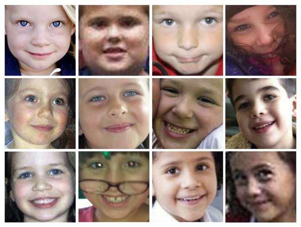 Fotos de 12 das 20 crianças vítimas do massacre de Newtown. Emilie Parker, James Mattioli, Chase Kowalski, Charlotte Bacon, Olivia Engel, Grace McDonnell, Jesse Lewis, Noah Pozner, Jessica Rekos, Josephine Gay, Ana Marquez-Greene e Avielle Richman (de cima para baixo; da esquerda para direita)