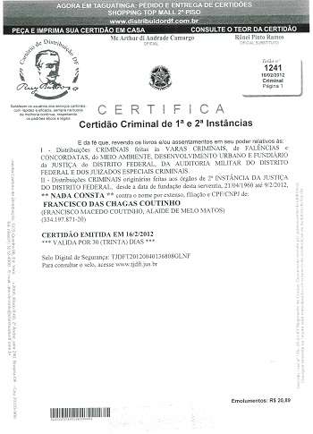 Certidão Criminal que indicava a inexistência de antecedentes criminais de Coutinho