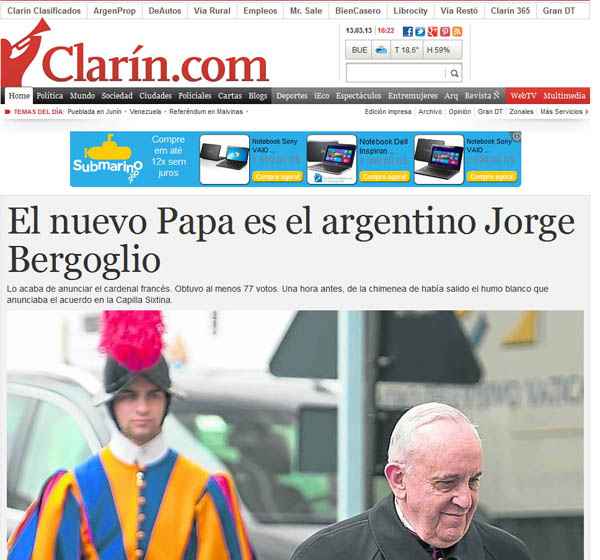 O argentino Clarín informa que Bergoglio recebeu menos 77 votos dos cardeais no conclave