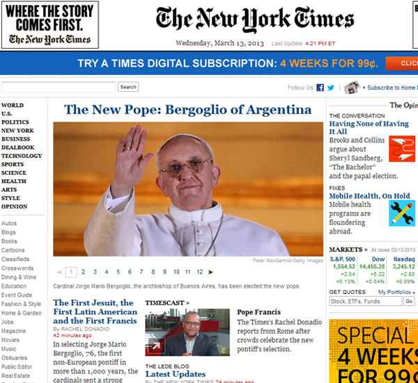 O argentino Clarín informa que Bergoglio recebeu menos 77 votos dos cardeais no conclave