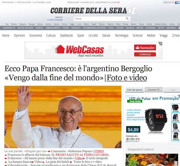 O argentino Clarín informa que Bergoglio recebeu menos 77 votos dos cardeais no conclave