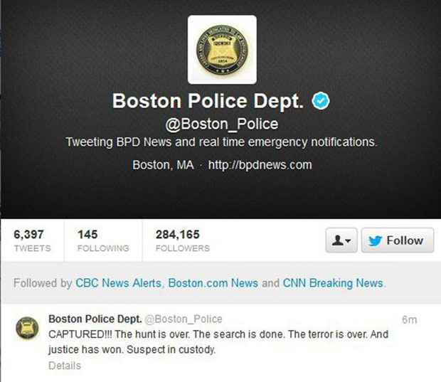 Anúncio da prisão foi feito pelo twitter do Departamento de Polícia de Boston