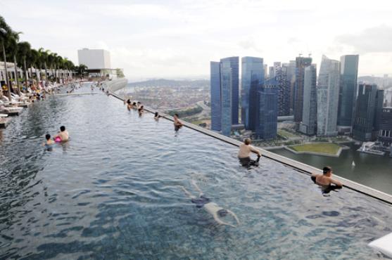 Do alto do complexo Marina Bay Sands: vista de todo o contorno da ilha