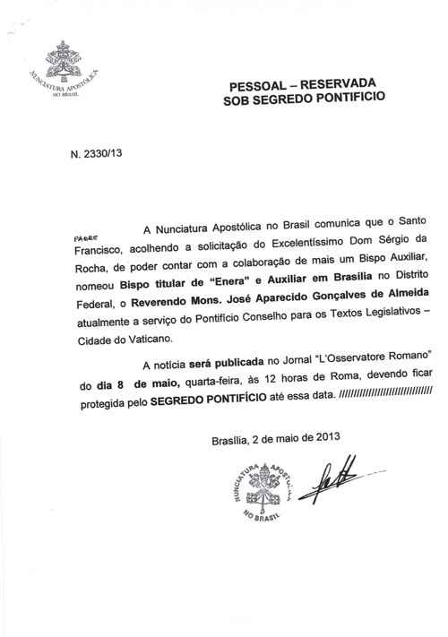 Veja o documento que comunica a nomeação do monsenhor