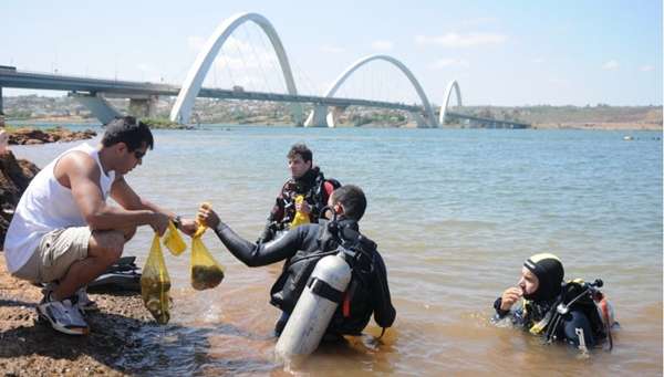 Mergulhadores fazem a limpeza do espelho d'água próximo à Ponte JK em 2011