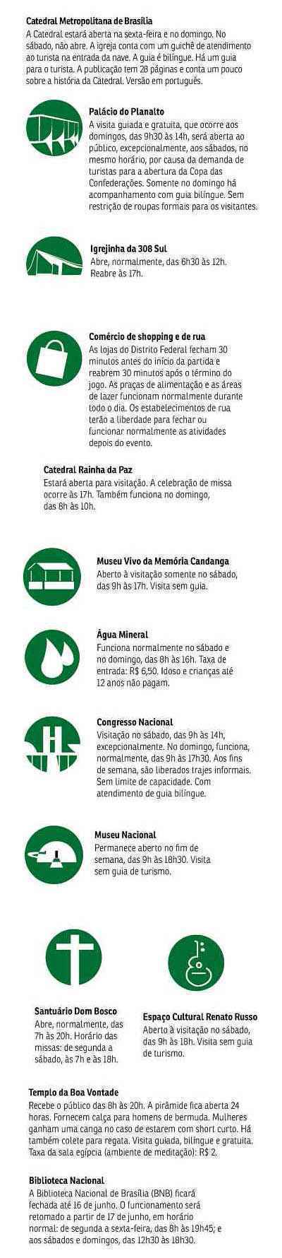 Os principais monumentos da capital federal estarão abertos no fim de semana da partida inaugural do torneio internacional. Para atender os turistas, o governo local reforçará a quantidade de funcionários nesses locais