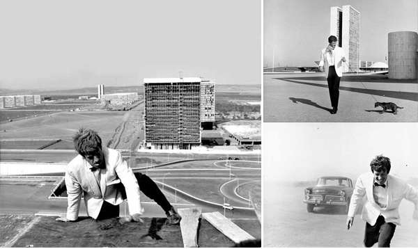 Cenas do filme O homem do Rio: o ator francês Jean-Paul Belmondo faz malabarismos, corre na poeira e passeia por Brasília nos tempos pioneiros