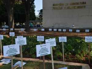 Aproximadamente 200 placas foram fincadas no canteiro em frente ao prédio do ministério com as principais reivindicações da categoria