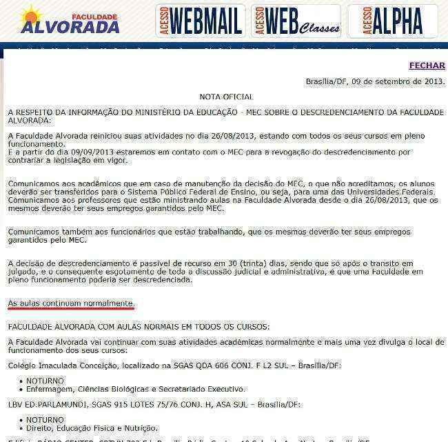 Página da faculdade confirma que as aulas continuam