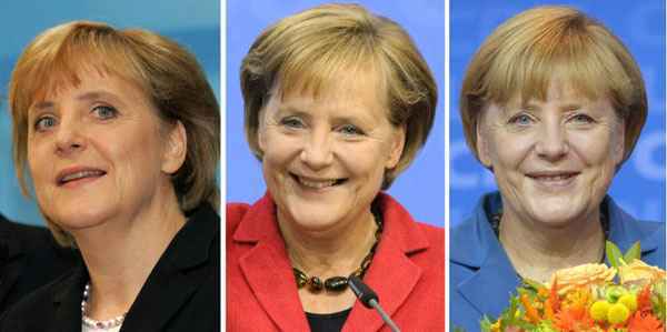 Combinação de imagens que mostra líder alemã Angela Merkel após as primeiras sondagens das eleições respectivamente 2005 (E), 2009 (C) e 2013 (D).