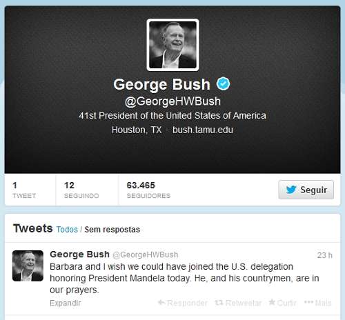 Em seu perfil no Twitter, Bush sênior se descreve como o 41º presidente dos Estados Unidos e aparece sorridente em uma foto em preto e branco