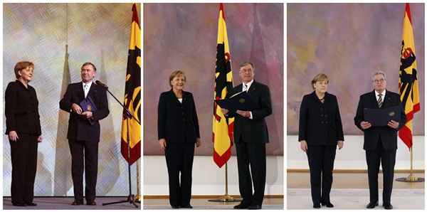 Angela Merkel em celebrações de posse em 2005, 2009 e 2013