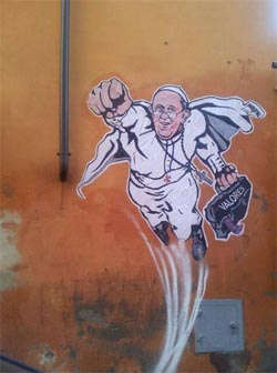 Na imagem, o papa aparece vestido de branco, voando no estilo do super-herói. Ele leva na mão uma maleta de couro com a inscrição 