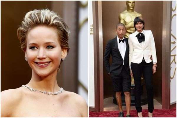 A atriz cometeu o mesmo deslize em 2013 e tropeçou no tapete vermelho da premiação. Já Pharrel chamou atenção pelo look ousado e nada clássico