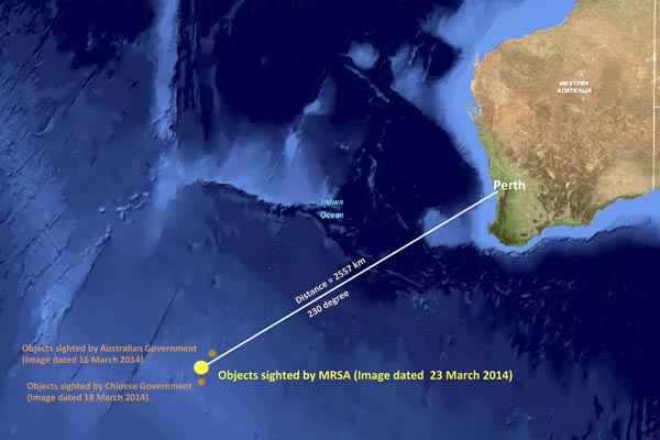 Foto de satélite mostra a localização de objetos de avião da Malaysia Airlines