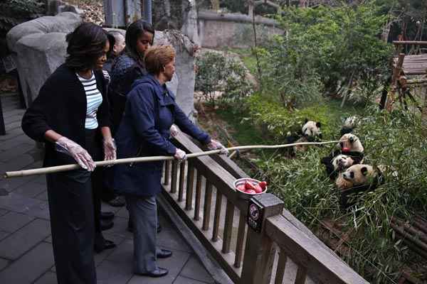 Primeira-dama dos EUA, Michelle Obama (E) e a mãe alimentam para pandas gigantes com maçãs em Chengdu, província de Sichuan , na China