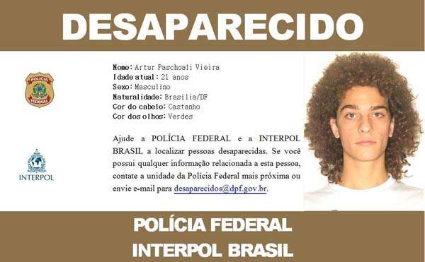 Informações sobre o paradeiro do jovem podem ser enviadas para desaparecidos@dpf.gov.br