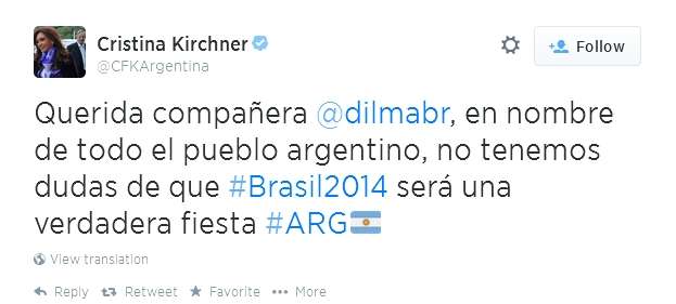 Mensagem de Cristina Kirchner para Dilma. no Twitter