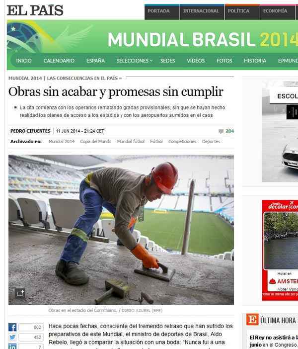 Página do jornal El País destaca a despreparação do Brasil para a Copa