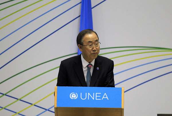 Secretário-geral da ONU, Ban Ki-moon aborda delegados na primeira Assembleia das Nações Unidas sobre o Meio Ambiente (UNEA), em Nairobi