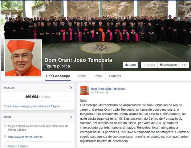 Perfil público do arcebispo no Facebook comenta o crime