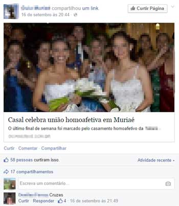 Os comentários foram inseridos na postagem sobre a festa de casamento de duas mulheres, que aconteceu em Miraí, na Zona da Mata mineira