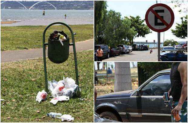 Restos de comida, lixo, embalagens e latas de bebidas alcoólicas, além de estacionamento irregular, mostram o desrespeito pelo local