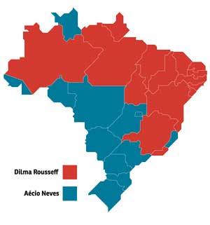 No Centro-Sul brasileiro, a vantagem foi tucana. A petista predominou no Nordeste e, em cinco estados, a presidente reeleita venceu em todos os municípios