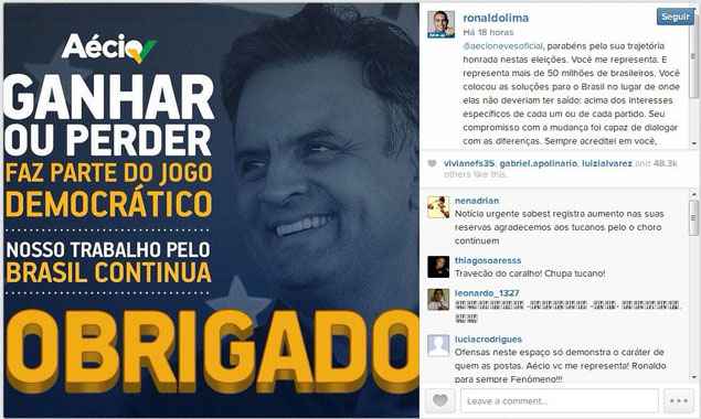 Ronaldo postou mensagem de apoio ao tucano