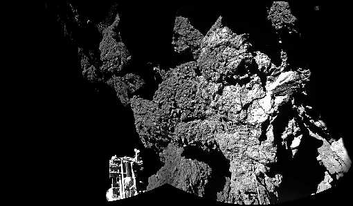 Imagem de Philae feita pela sonda Rosetta: uma das pernas do módulo está apontada para o espaço