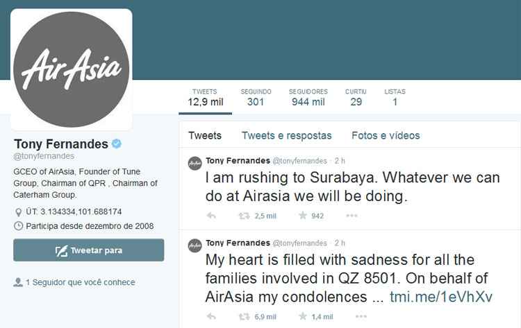 Mensagem de condolências do CEO da AirAsia no Twitter