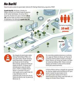 Solenidades marcadas para o primeiro dia do ano mudam a forma de deslocamento de motoristas e pedestres do Palácio do Buriti à Esplanada dos Ministérios. Segundo a PM, mais de 200 mil pessoas devem passar pela área central para acompanhar as cerimônias