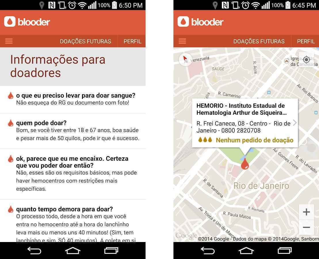 App Blooder informa sobre hemocentros mais próximos, pessoas que necessitam de doações, além de cadastrar quem busca um doador