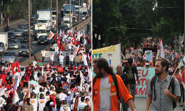 Os manifestantes caminharam pela pista da Fernão Dias até a portaria da Regap. No Centro de BH (direita), a multidão se concentrou na Praça Afonso Arinos e depois percorreu a Avenida Afonso Pena até o Centro