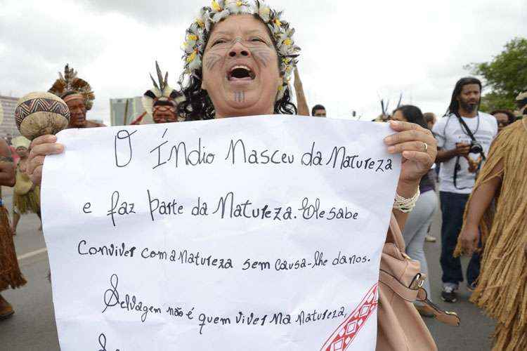 Mulher indígena segura cartaz em protesto: defesa do meio ambiente