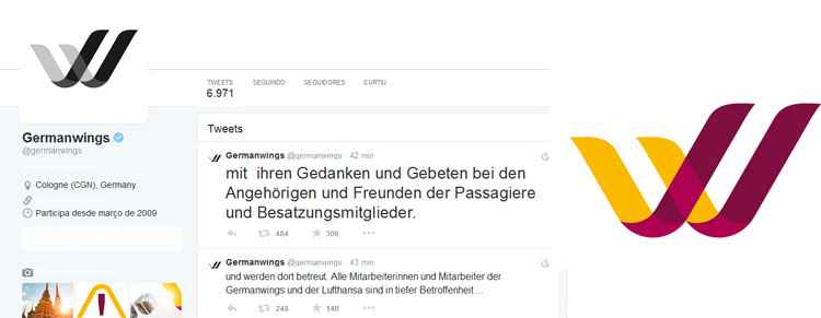 Imagem do Twitter da Germanwings. Ao lado, a logo com as cores originais