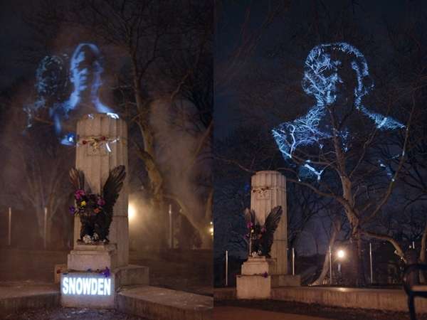 Projeção de Edward Snowden em parque do Brooklyn