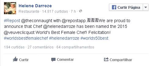 A chef sucede a brasileira Helena Rizzo no ranking da revista britânica 'Restaurant'