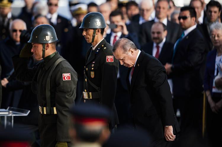 Presidente turco, Recep Tayyip Erdogan,  durante as comemorações do 100º aniversário do início da Batalha de Gallipoli, em 24 de abril de 2015